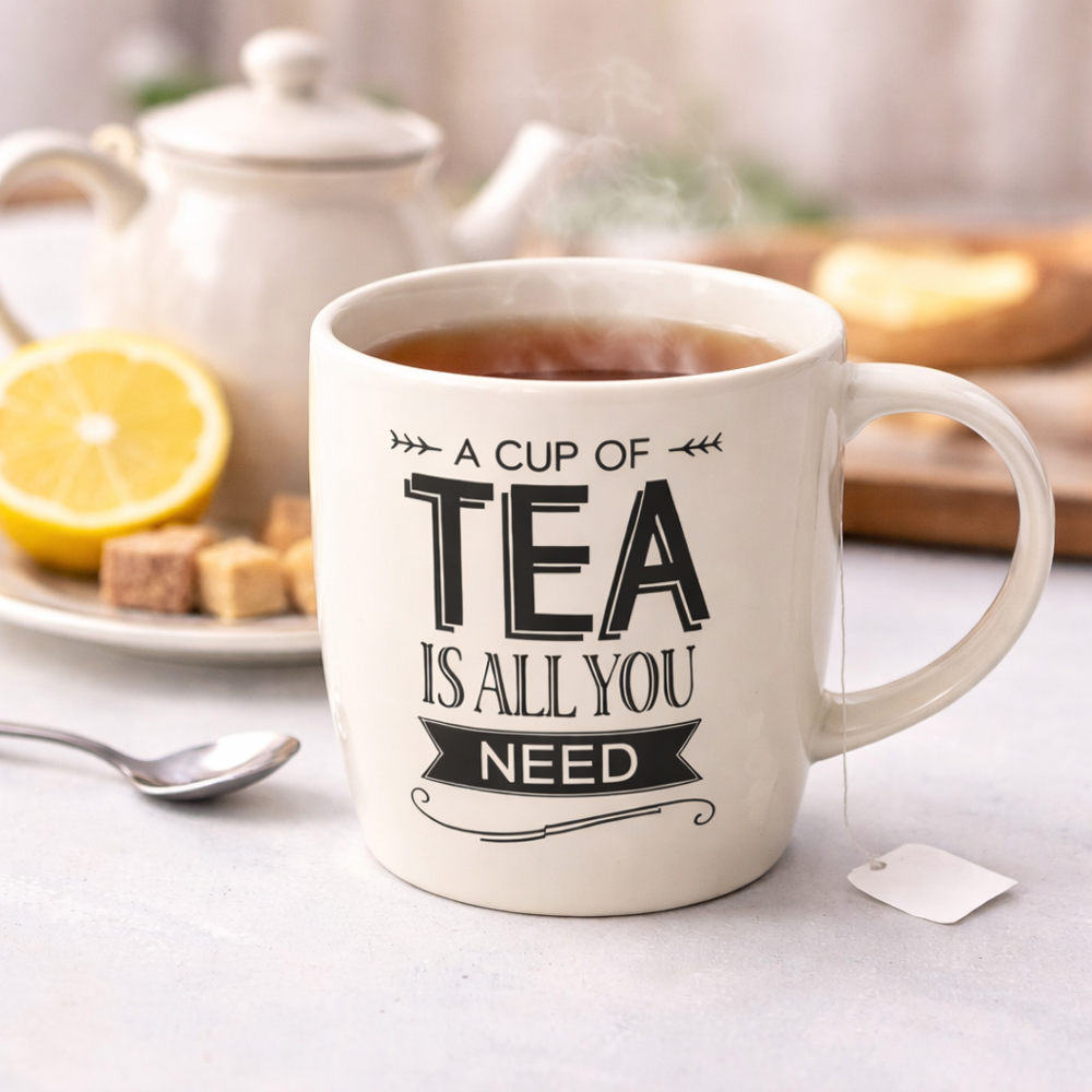Tea Quote Printed Ceramic Mug – 9cm x 9cm, for Tea or coffee with Handle