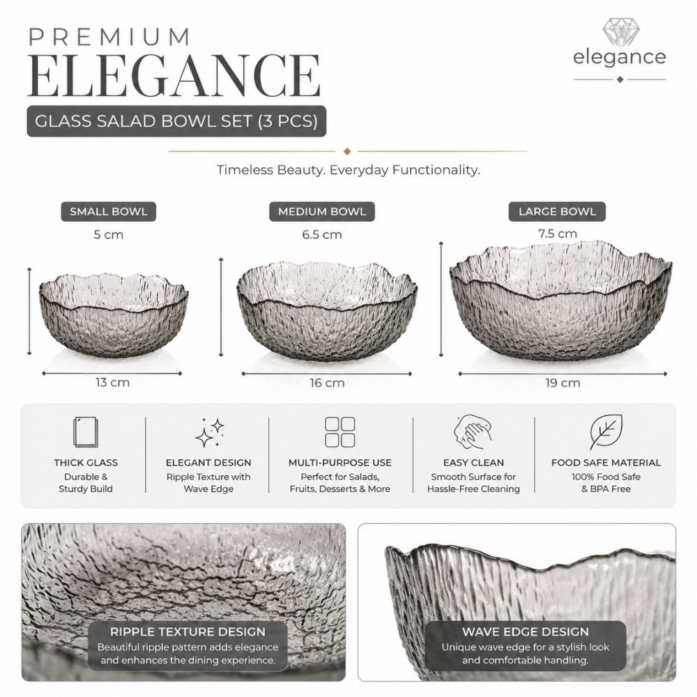 Elegant Premium Glass Serving Bowls With Textured Design And Wave Edges – (3Pcs)