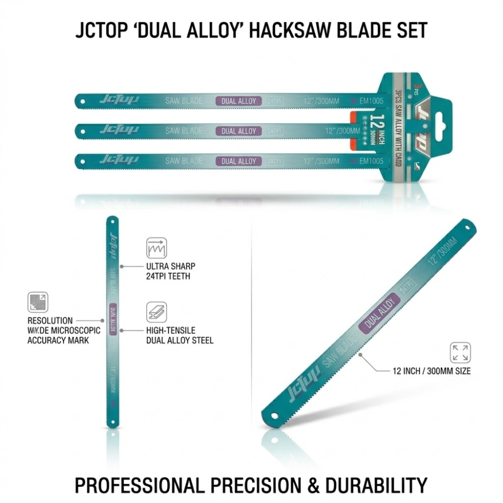 JCTOP Dual Alloy Standard professional size Hacksaw Blade Set (3 PCS) - 12" / 300mm