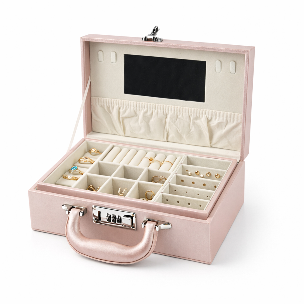 Elegant Portable Jewelry Organizer Box With Mirror & Handle – Multi-compartment Storage Case For Rings, Earrings & Accessories (27cm X 18cm X 10cm)