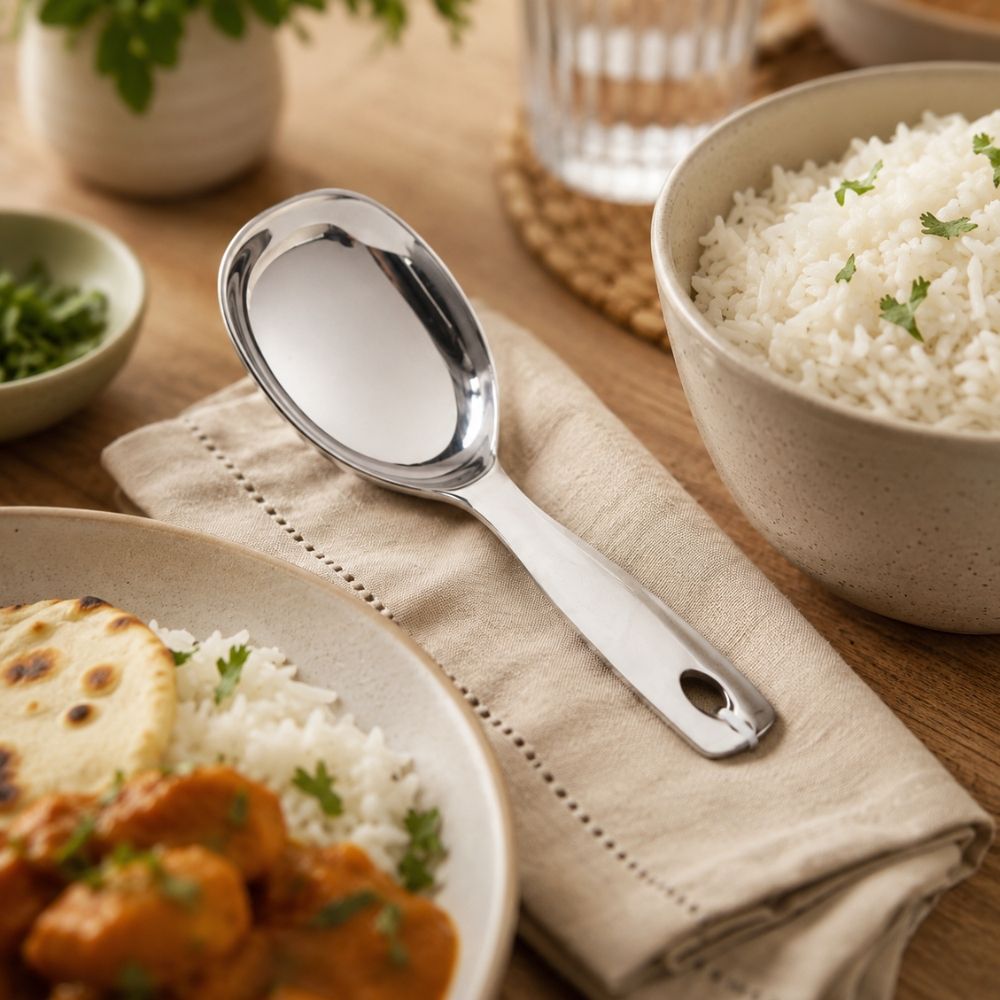 Utilitarian Stainless Steel Serving Spoon Featuring A Mirror Polished Finish And An Ergonomic Handle – (18.5 X 6.5Cm)