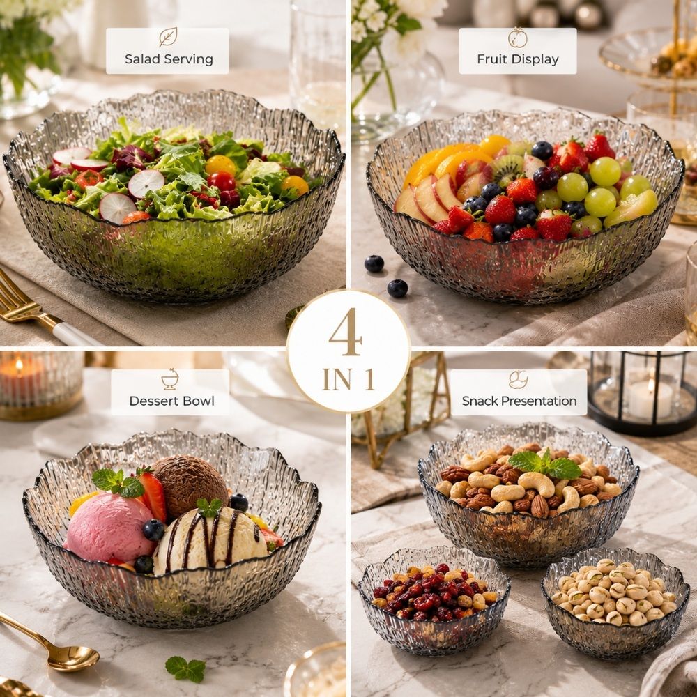 Elegant Premium Glass Serving Bowls With Textured Design And Wave Edges – (3Pcs)