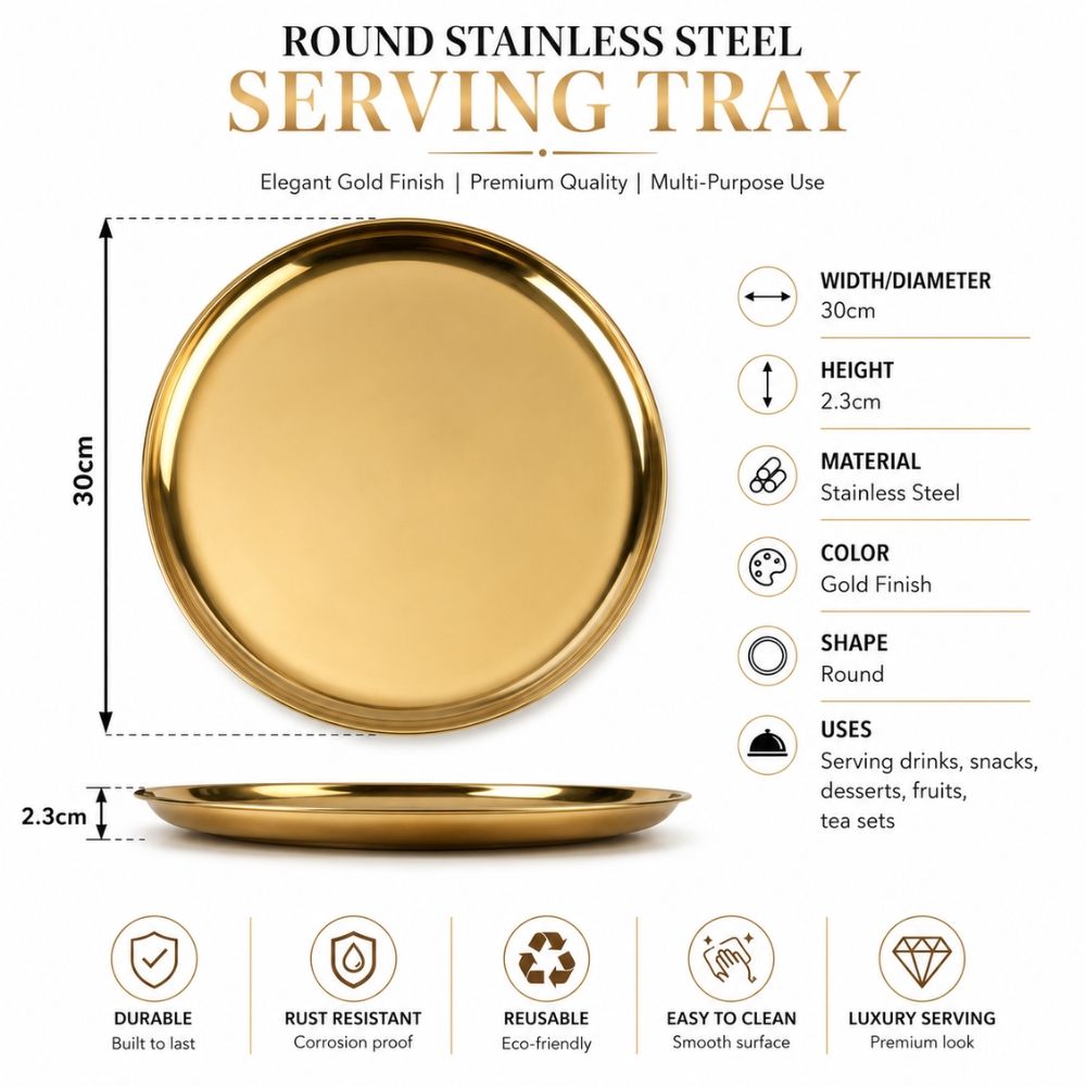 Retro -Finished Round Stainless Steel Serving Tray – 30X2.3Cm