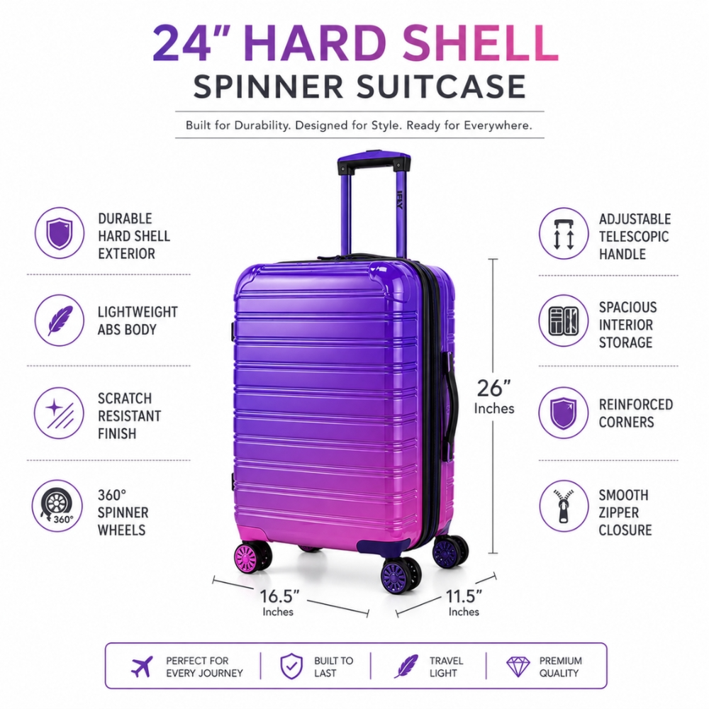 iFLY 24" TravelPro Lightweight ABS Travel Trolley Suitcase with 360° Wheels – Purple Gradient