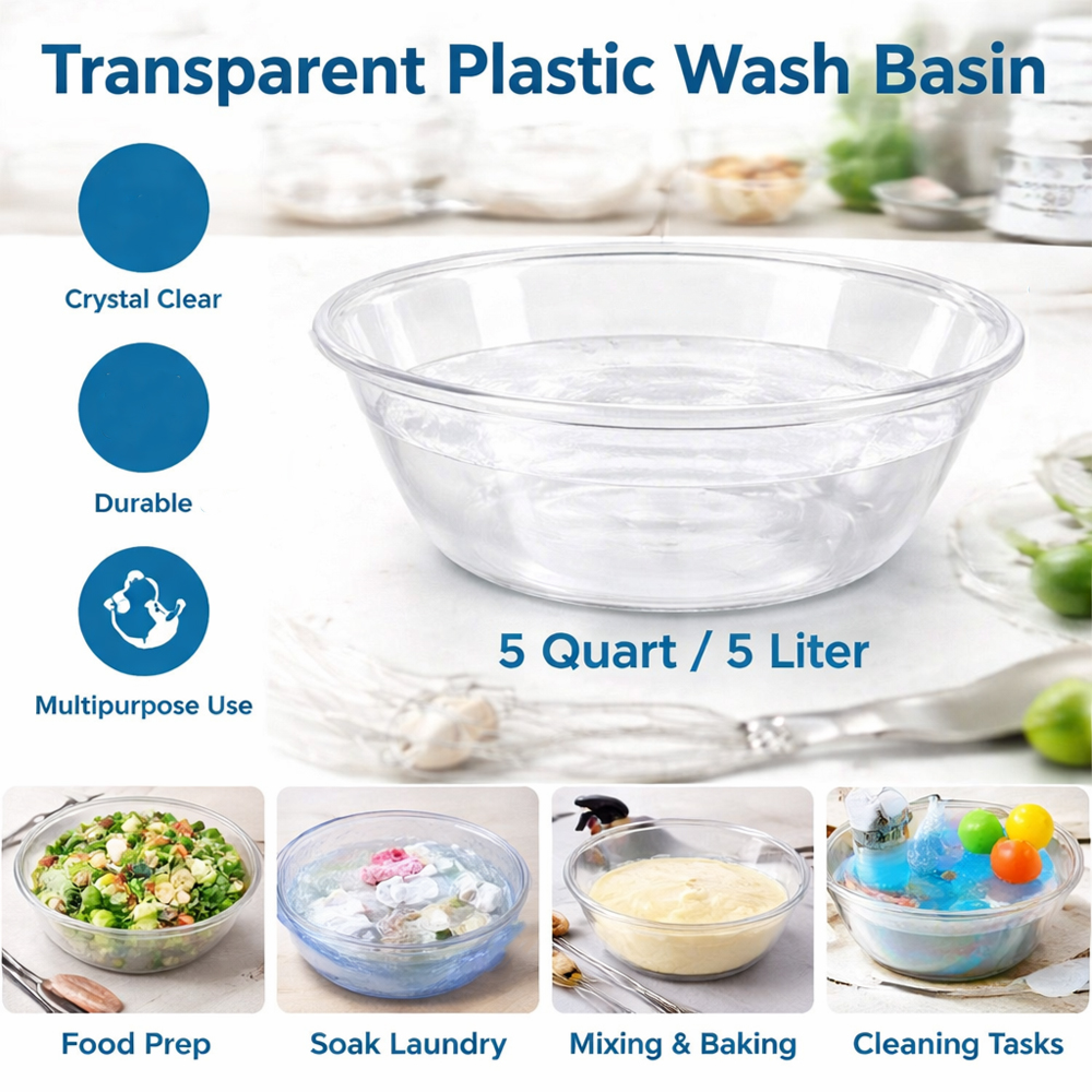Premium Large Multipurpose Transparent Crystal Clear Plastic Wash Basin Bowl 38cm