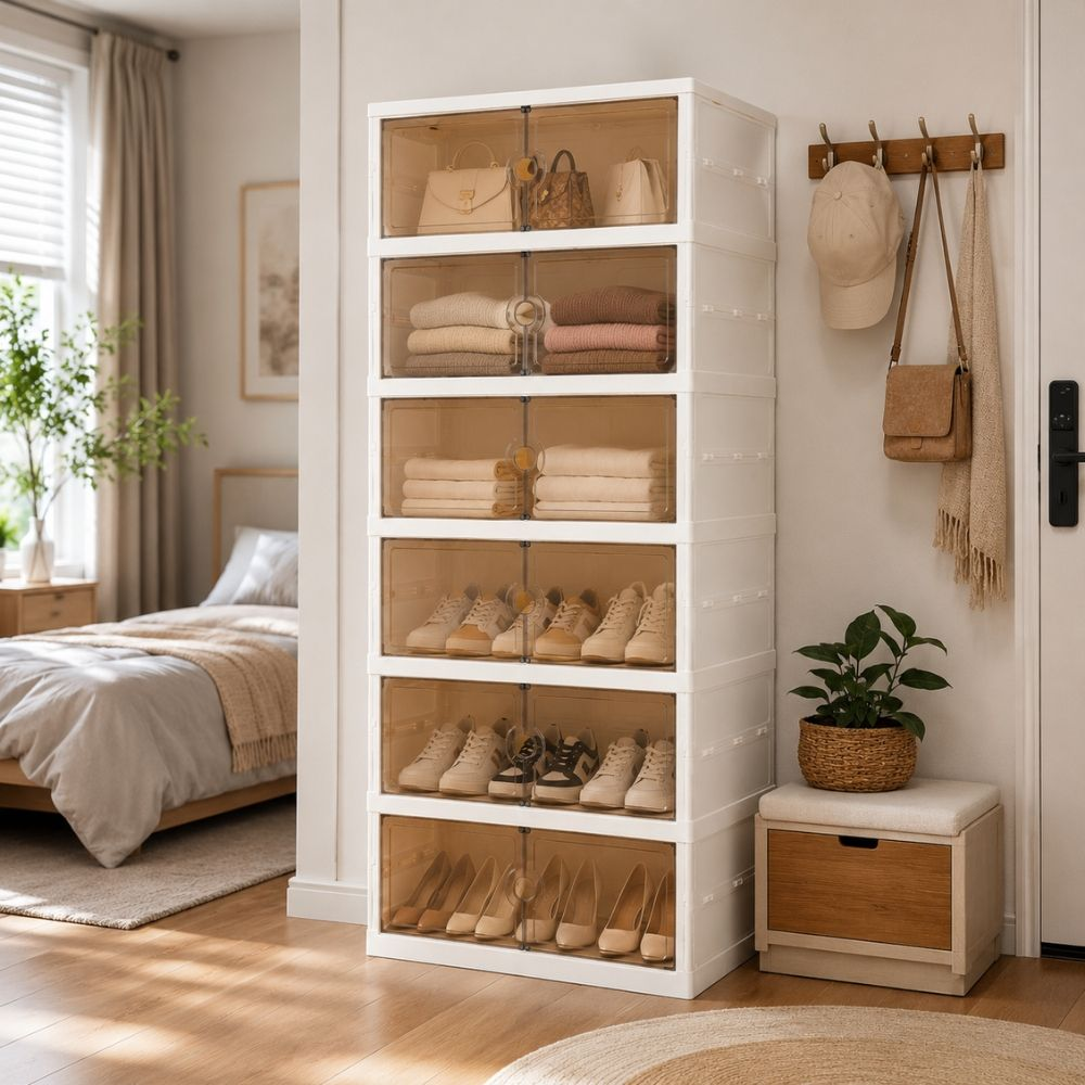 Foldable Modular 5 Tier Storage Cabinet With Magnetic Transparent Doors Home Organizer