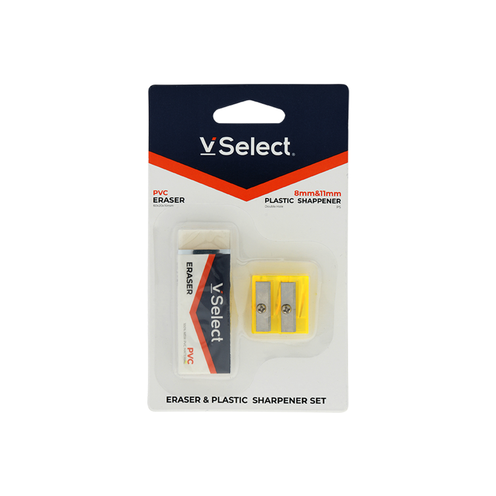 Premium Eraser with Plastic Sharpener Set – PVC Eraser & Dual Hole 8mm/11mm Pencil Sharpener for School & Office Use