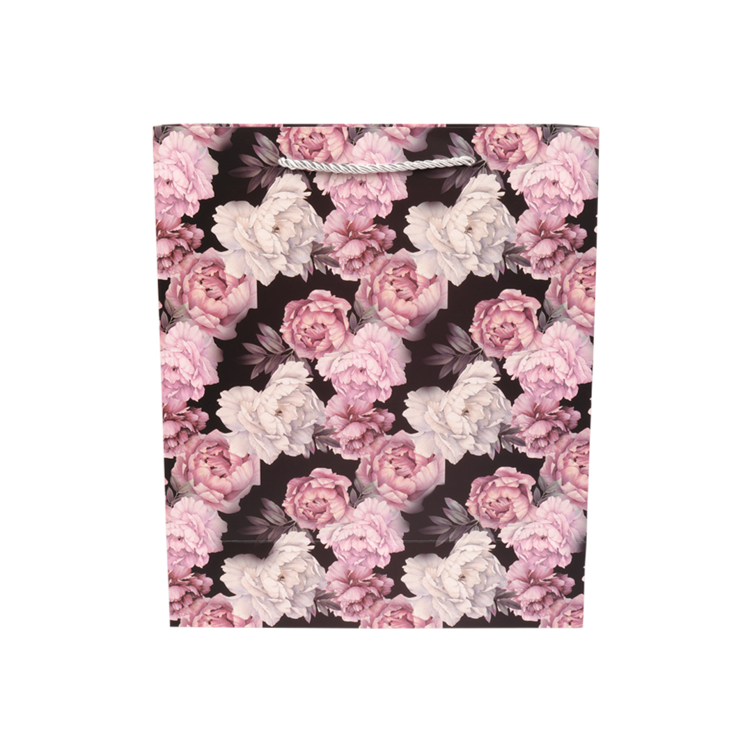 Elegant Floral Paper Gift Bag – Black, White & Pink (32Cm)
