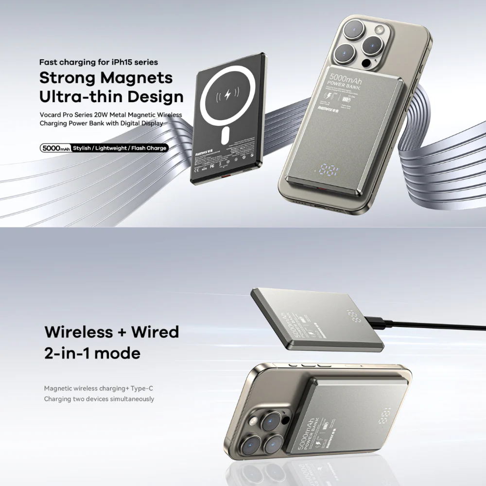 REMAX RPP-107 20W Metal Magnetic Wireless Charging Digital Display Portable Mobile Phone External Battery 5000mAh Power Bank