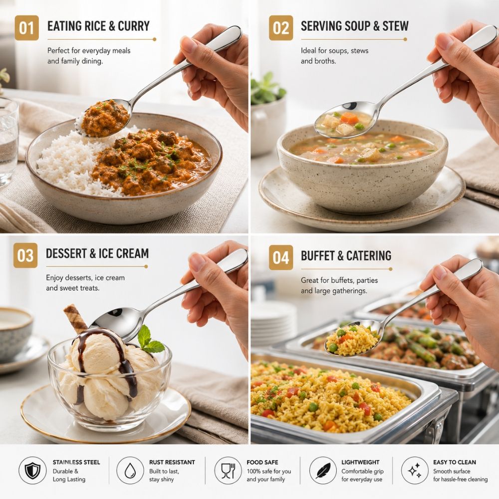 Pragmatic Stainless Steel Dinner Spoons Featuring A Mirror Polish Finish And A Lightweight Design – Sliver (19 X 4.3Cm)
