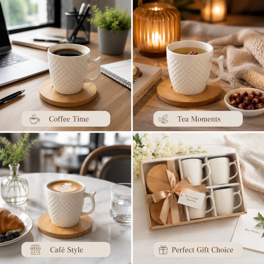 Minimalist Embossed Ceramic Mugs And Bamboo Coasters Set – (12Pcs)
