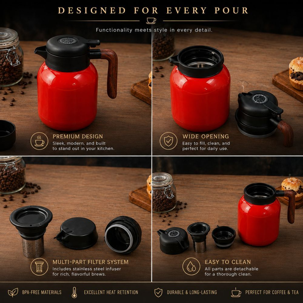 Premium Insulated Stainless Steel Vacuum Coffee Pot With Walnut Wood Handle And Infuser 1500ML