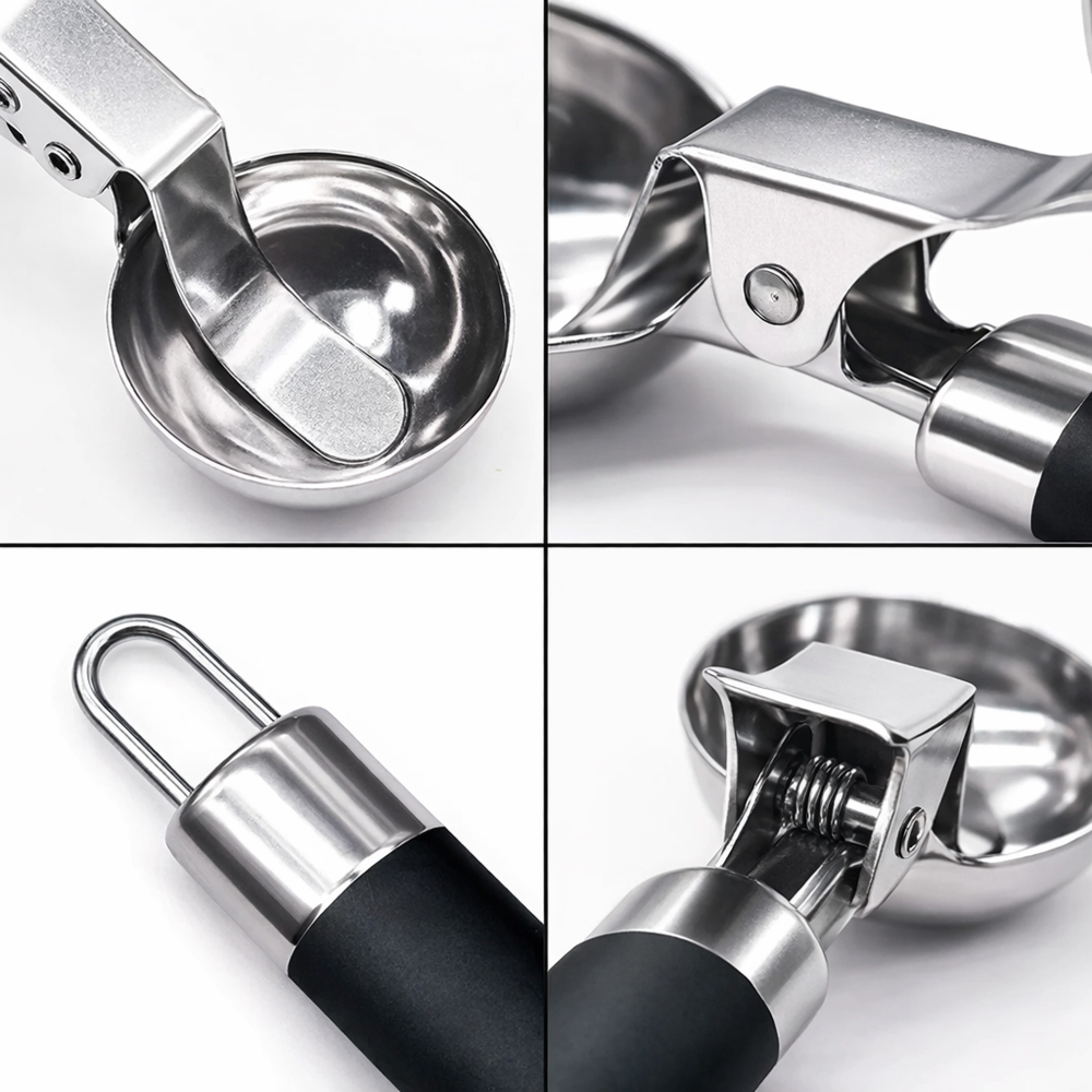 Premium Stainless Steel Ice Cream Scoop 22cm – Ergonomic Black Handle Scooper, 5.5cm Bowl, Easy Release Trigger, Professional Kitchen Tool