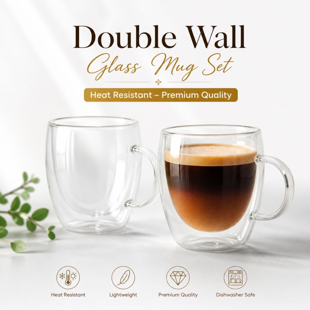 Premium Insulated Double Wall Borosilicate Glass Coffee Mug Set