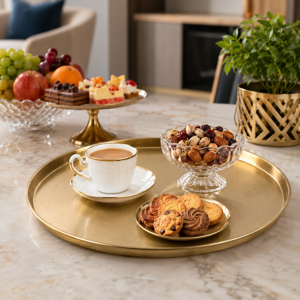 Vintage -finished Round Stainless Steel Serving Tray – Brushed Texture Raised Edges (30x2cm)