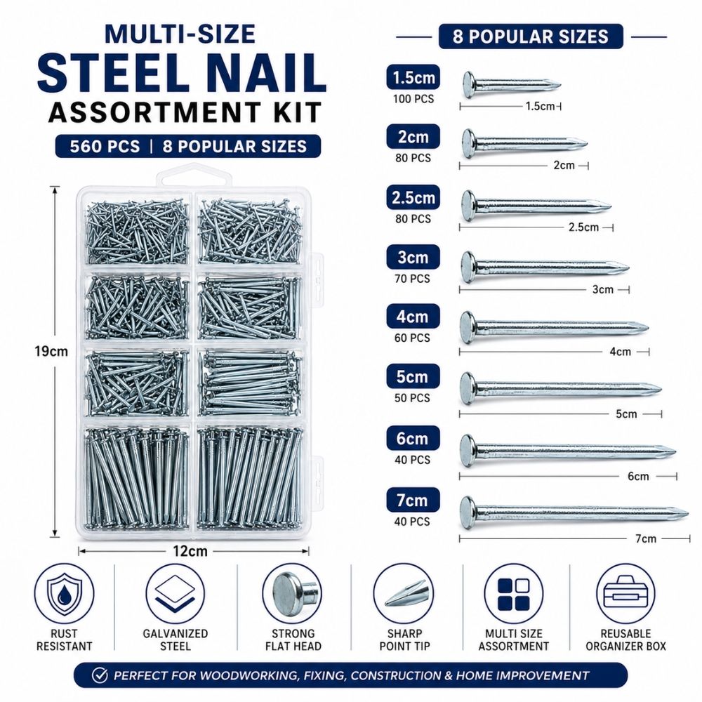 Romantic Ultra-Durable 560-Piece Galvanized Steel Nail Assortment Kit With Organizer Box, 19X12Cm