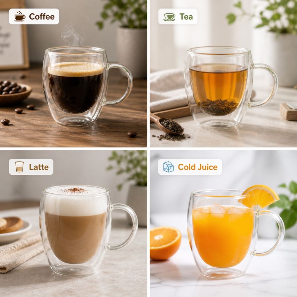 Premium Insulated Double Wall Borosilicate Glass Coffee Mug Set