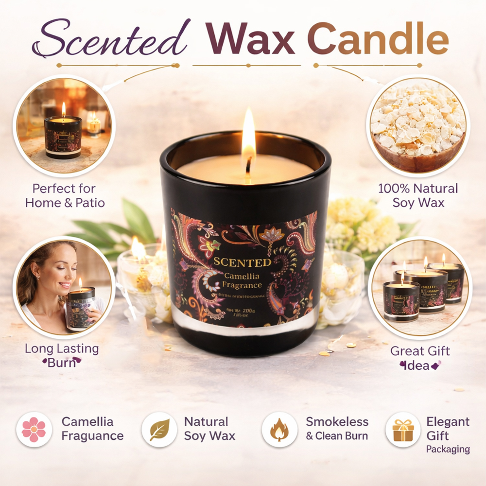 Smokeless Luxury Camellia Scented Soy Wax Aromatherapy Candles (Burn Time- 45+ Hours)