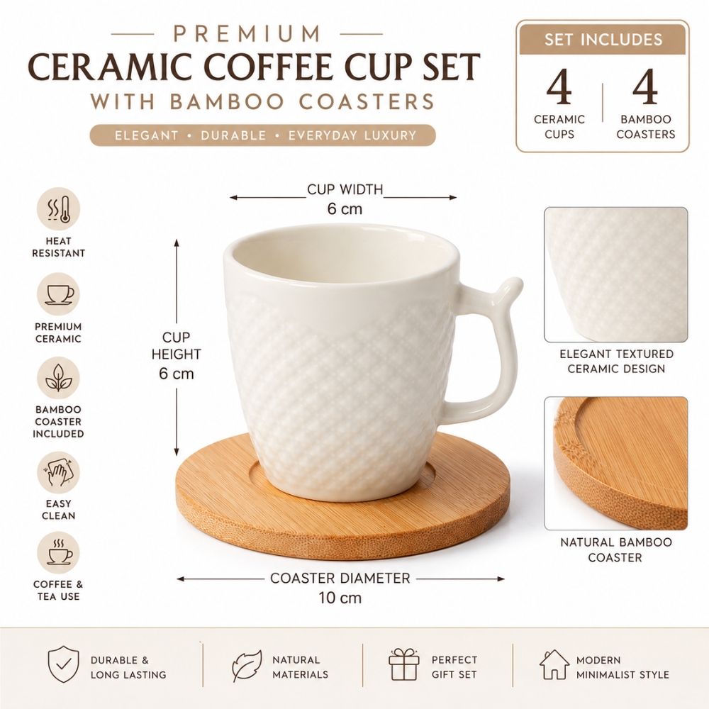 Minimalist Embossed Ceramic Mugs And Bamboo Coasters Set – (12Pcs)