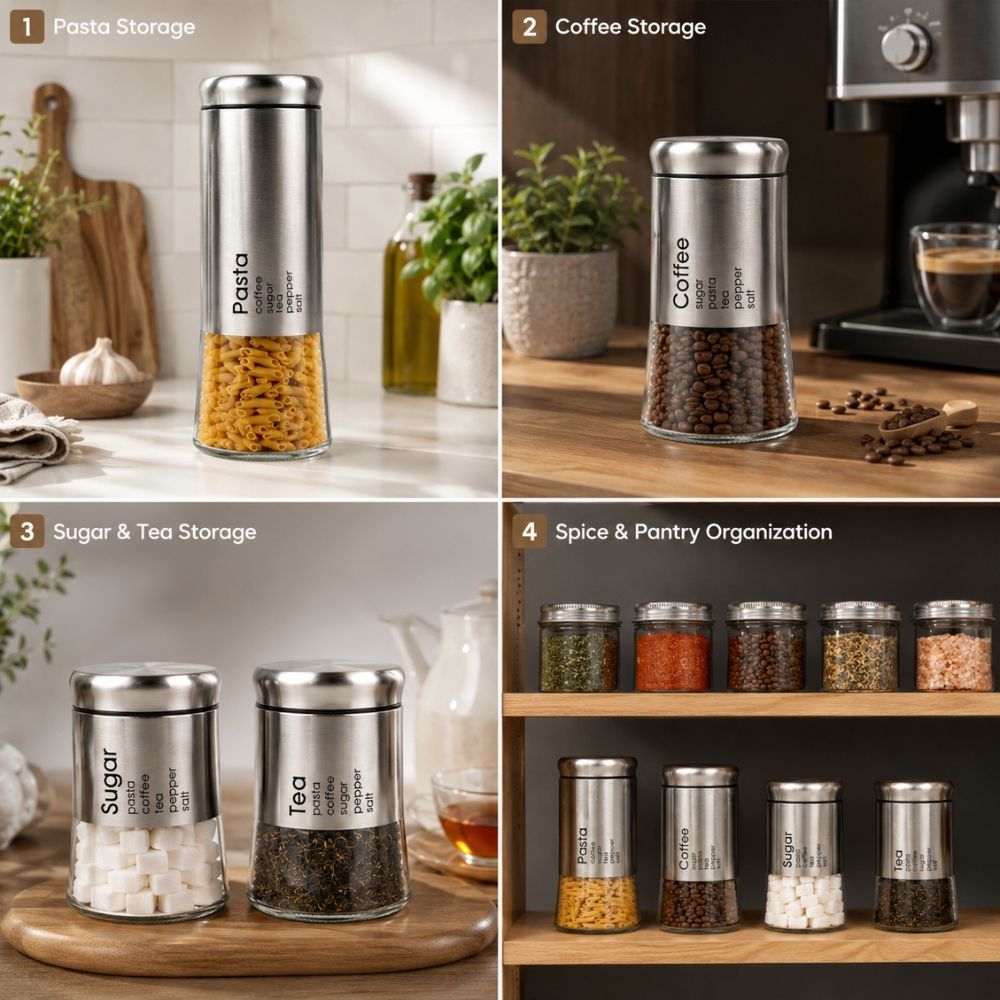 Premium 4-Piece Stainless Steel Glass Canister Set With Labeled Storage For Tea, Coffee, Sugar, Pasta