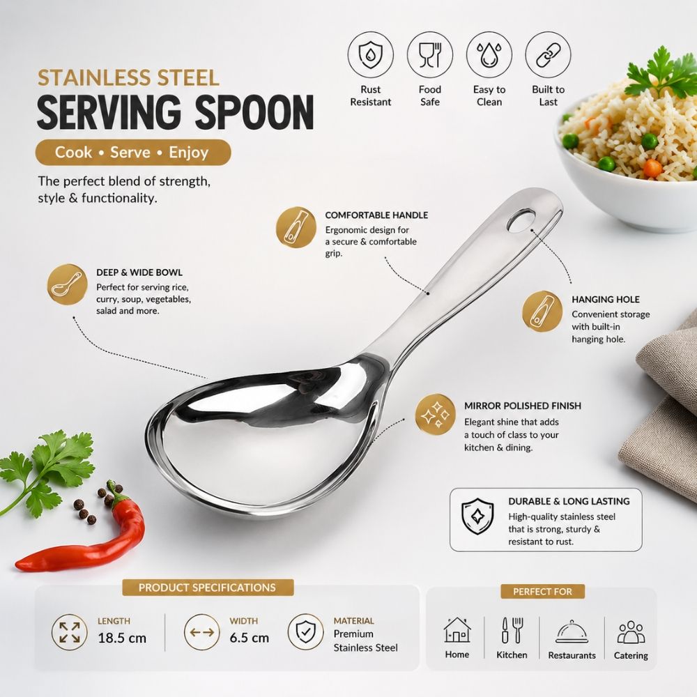Utilitarian Stainless Steel Serving Spoon Featuring A Mirror Polished Finish And An Ergonomic Handle – (18.5 X 6.5Cm)