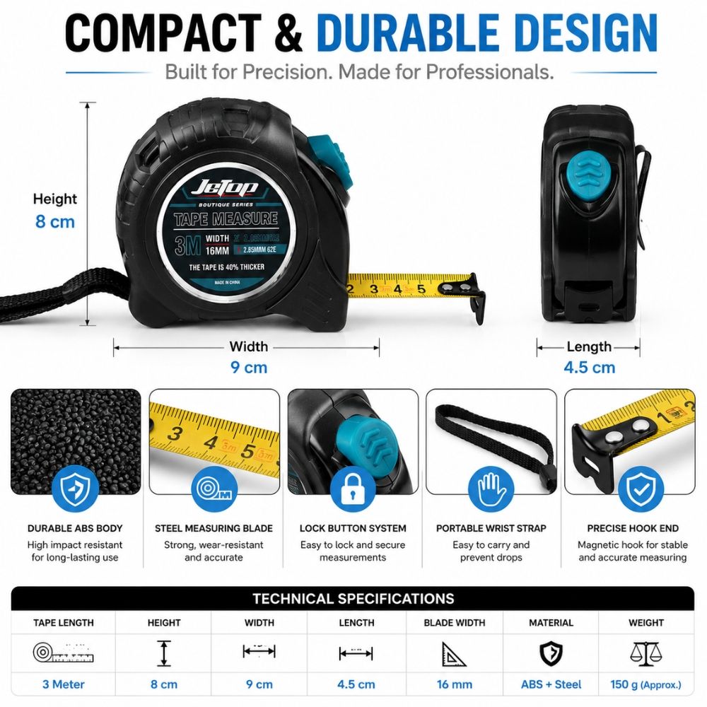 Professional 3-Meter Retractable Steel Tape Measure – Ergonomic Rubberized Case (8X9X4.5Cm)