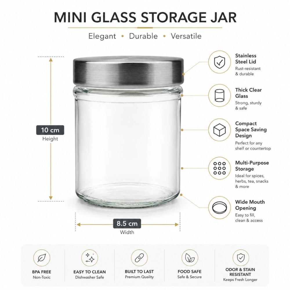 Premium Glass Storage Jar With Stainless Steel Lid Wide Mouth - 10X8.5Cm Transparent
