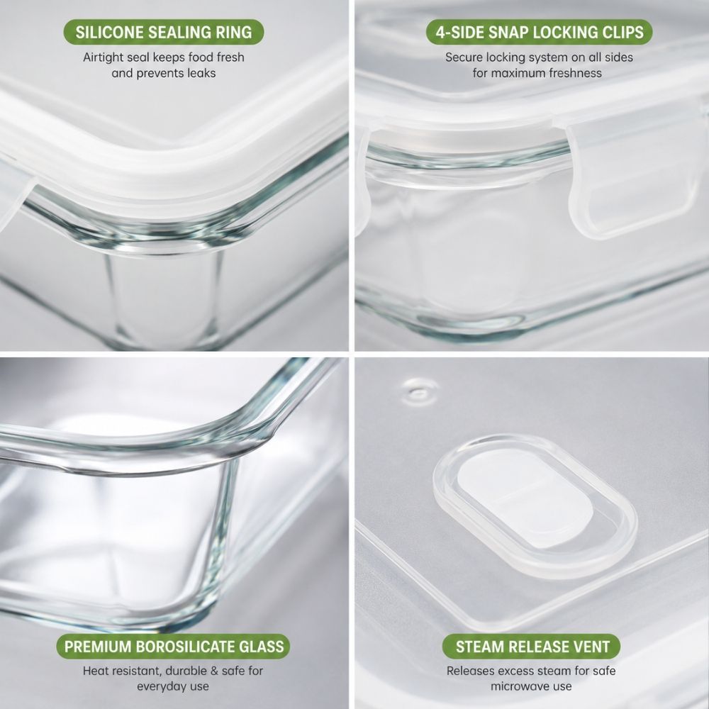 Premium Airtight Borosilicate Glass Food Storage Container With Steam Release Vent And Leakproof Locking Lid