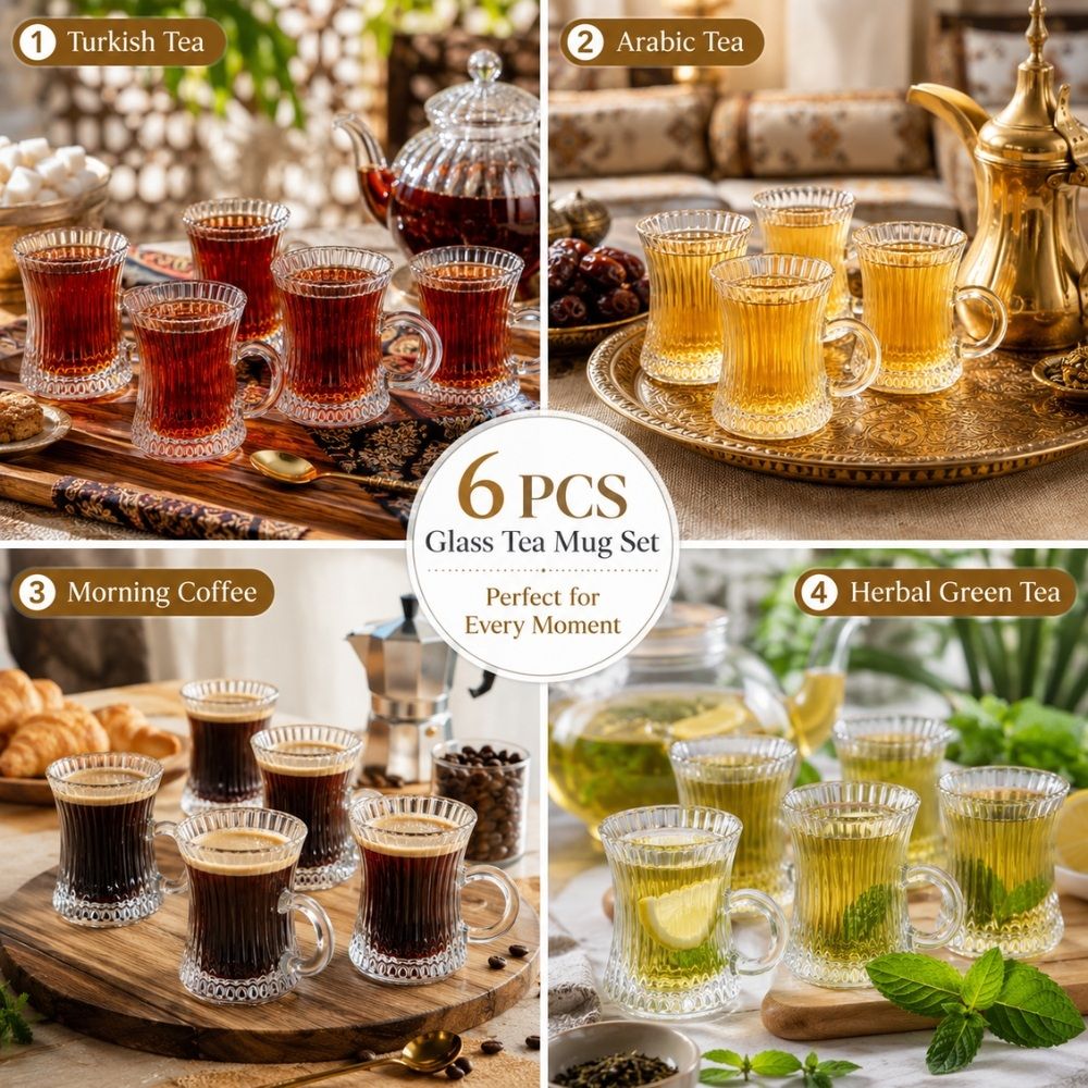 Radiant Turkish Tea Glass Set Featuring A Ribbed Design And Handle – Transparent (6Pcs)