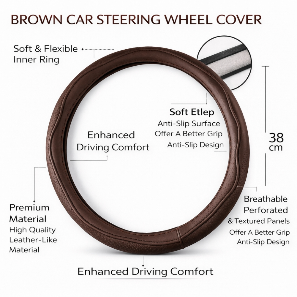 Premium Brown Leather Car Steering Wheel Cover – 38cm Universal Anti-Slip Breathable Comfort Grip Protector