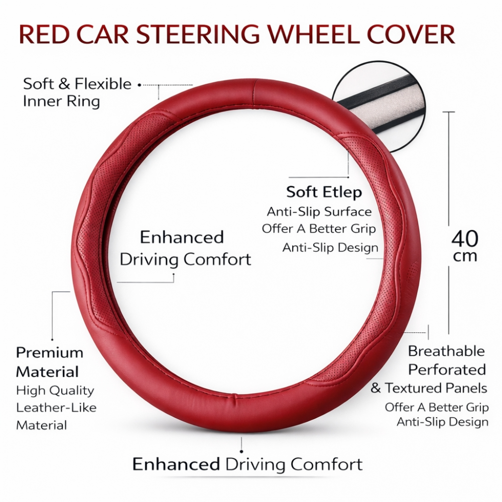 Premium Red Leather Car Steering Wheel Cover – 38cm Universal Anti-Slip Breathable Grip Protector
