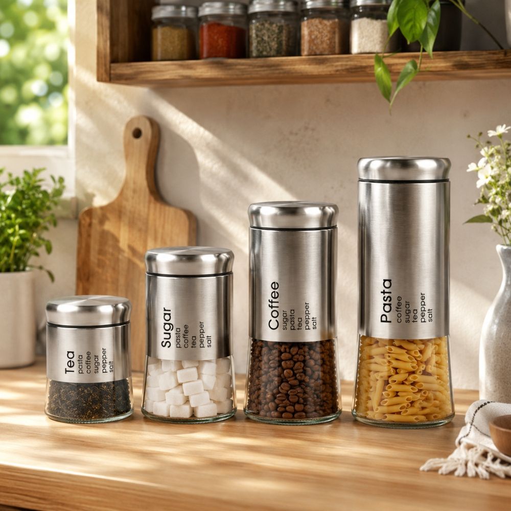 Premium 4-Piece Stainless Steel Glass Canister Set With Labeled Storage For Tea, Coffee, Sugar, Pasta