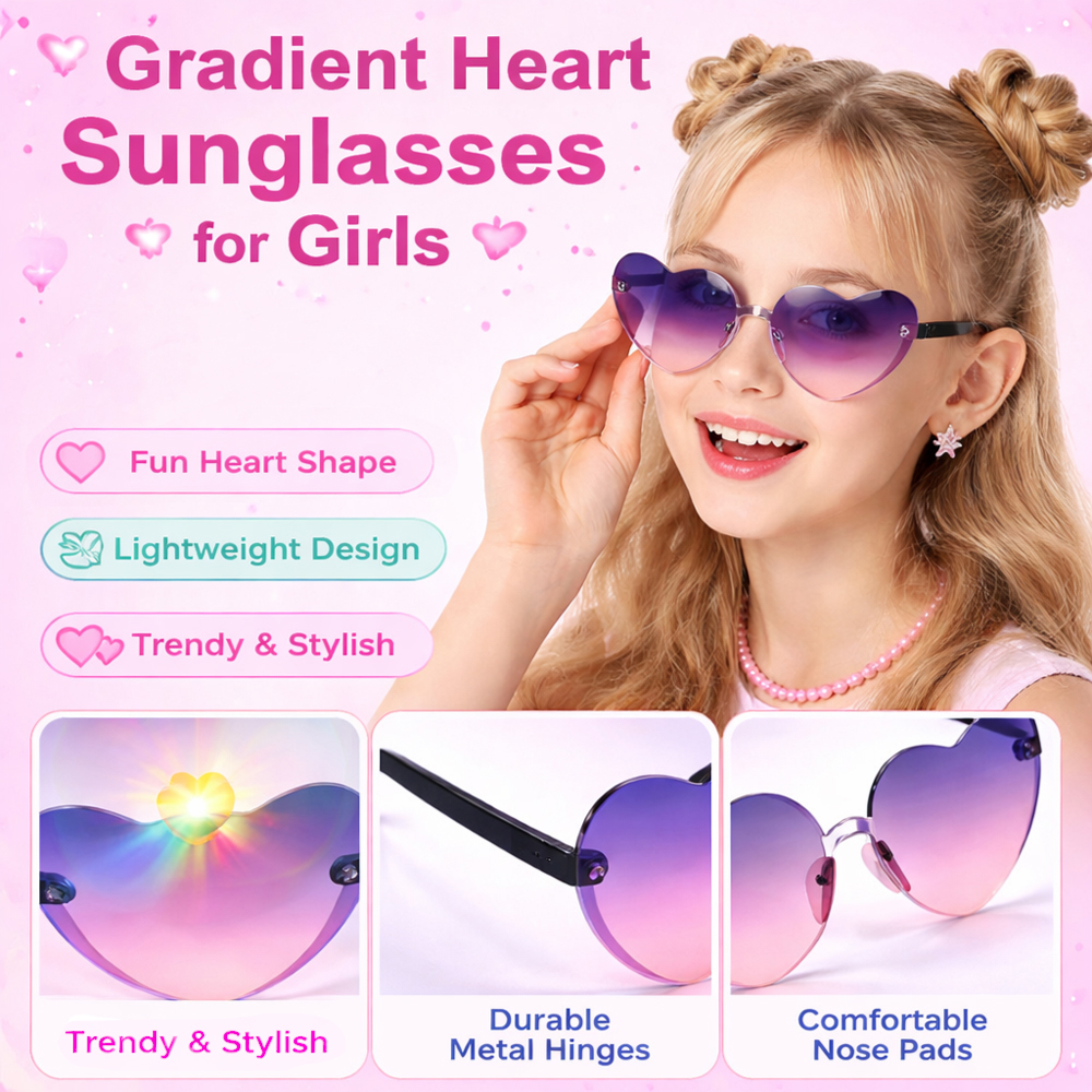Kids Heart Shape Sunglasses – 2 Piece Set Stylish Gradient Lens Summer Sunglasses for Children