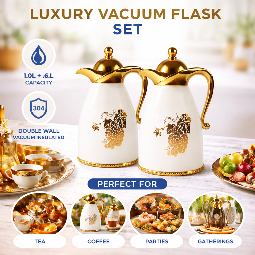 Elegant White Gold Floral Vacuum Flask Set 2Pcs – 0.6L & 1.0L Arabic Thermos, 12H Heat Retention, Height 28/29cm, Premium Hospitality Set