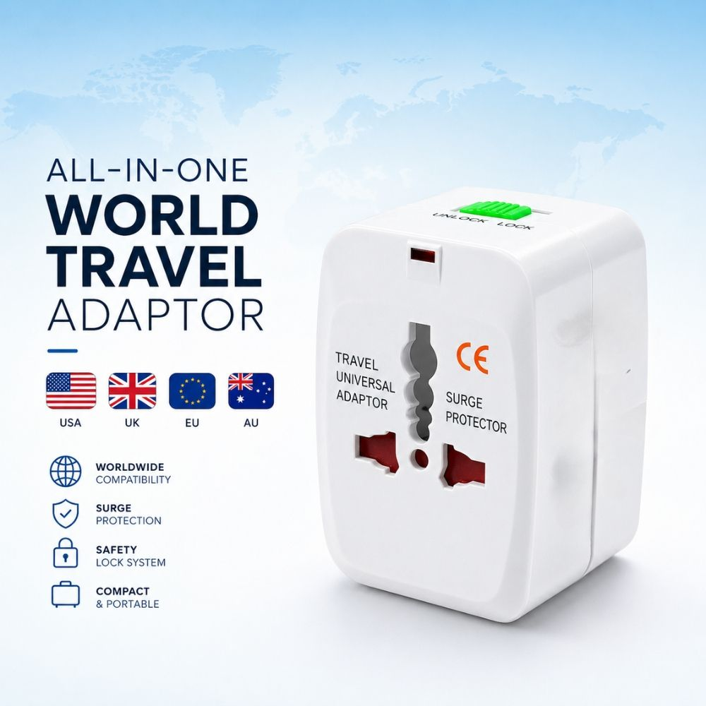 All In One Universal World Travel Adaptor Surge Protector Plug For Worldwide Compatibility
