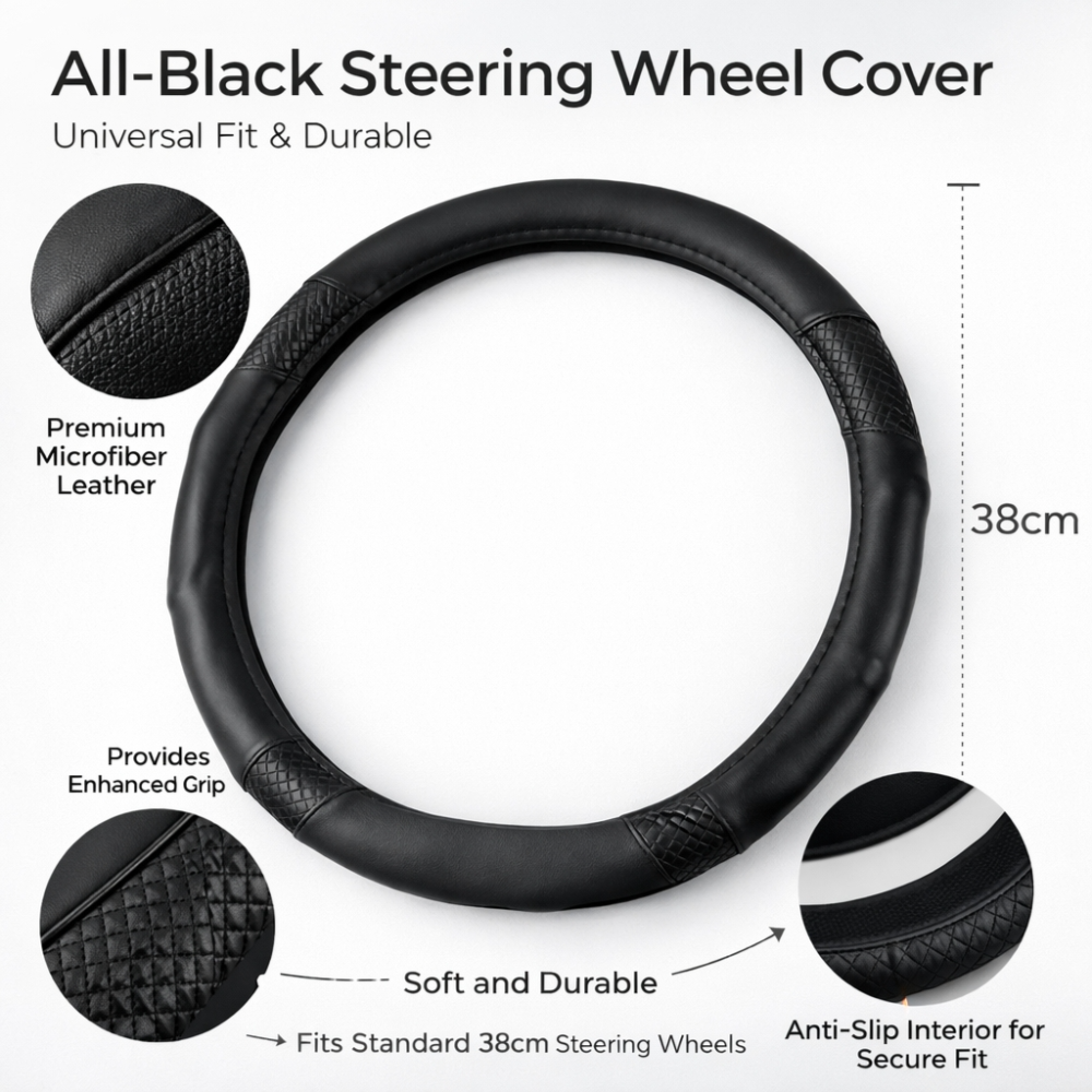 All-Black Microfiber Leather Steering Wheel Cover – 38cm Universal Fit Anti-Slip Durable Grip