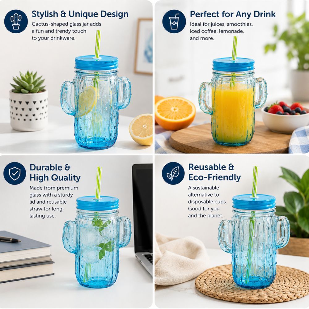 Cactus Design Mason Glass JAR With Reusable Straw And Lid For Cold Drinks