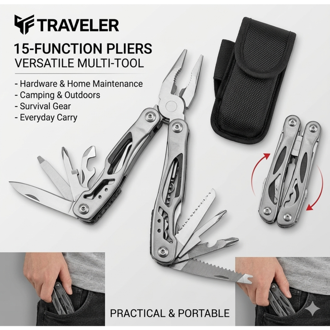 Traveler 15-In-1 Multi-Function Tool – Compact Stainless Steel Pliers Set For Camping, Hiking, Fishing & Everyday Use