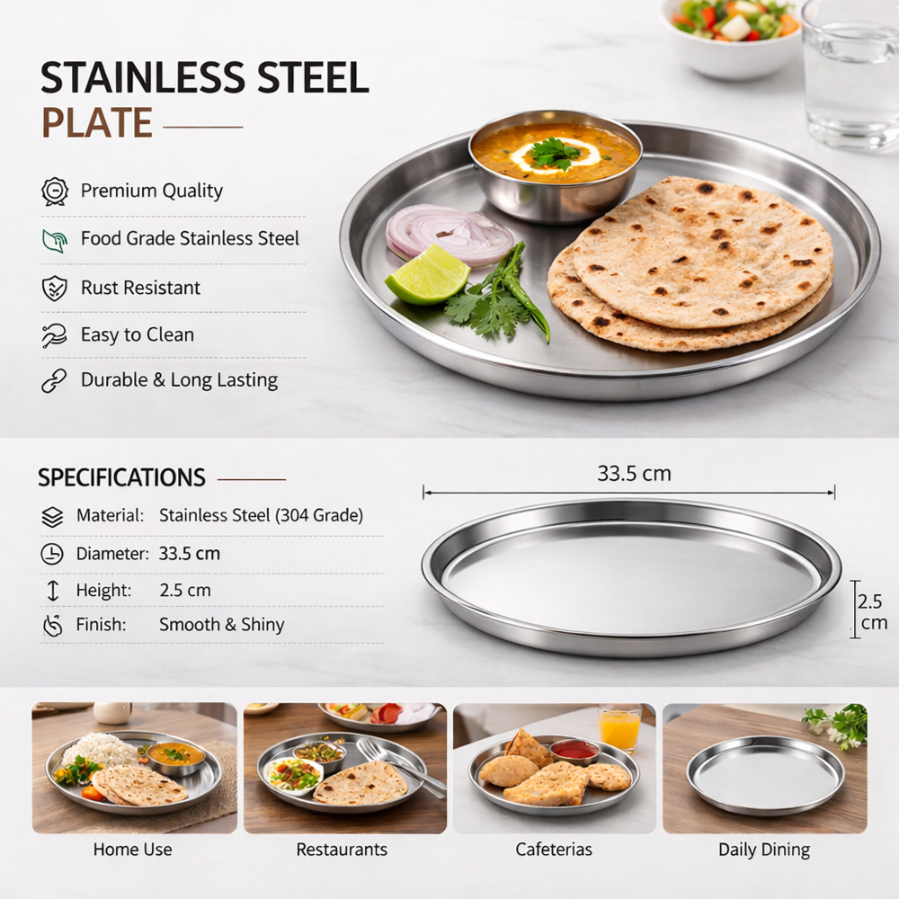 Premium Stainless Steel Round Dinner Plate 34cm – Heavy Duty Large Kitchen & Dining Food Serving Plate (34×2.5cm)