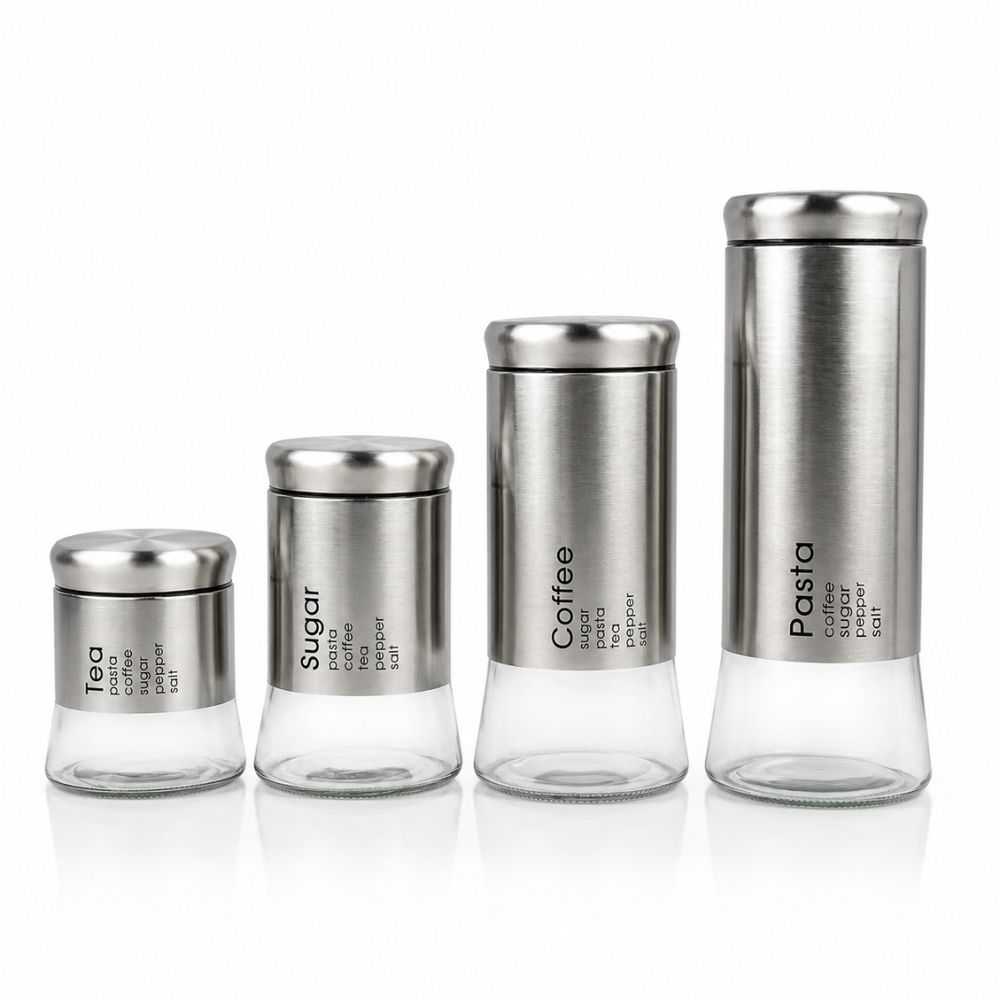 Premium 4-Piece Stainless Steel Glass Canister Set With Labeled Storage For Tea, Coffee, Sugar, Pasta