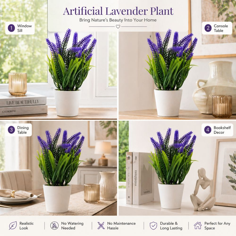 Premium Realistic Artificial Lavender Plant In White Modern Pot