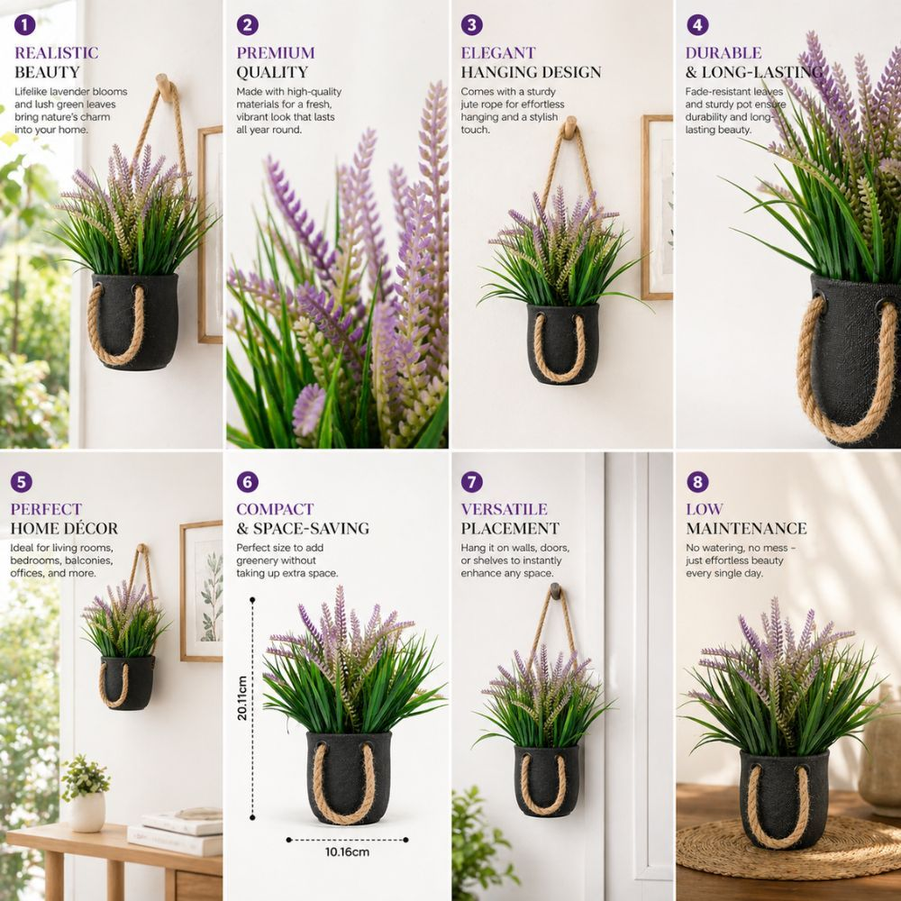 Realistic Artificial Lavender Plant In Hanging Jute Rope Pot For Home Decor