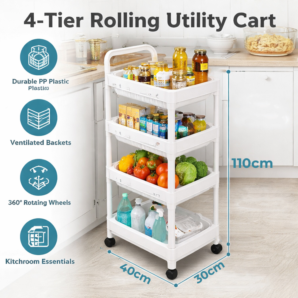 4 Tier Kitchen Storage Rack 110cm  Multi Layer Plastic Organizer Trolley with Wheels for Kitchen, Bathroom & Home Use (40x30x110cm)