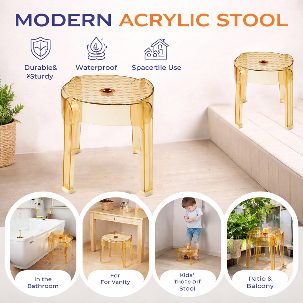 Modern Acrylic Stacking Stool space-saving stackable design(Height: 28cm)-Amber Gold