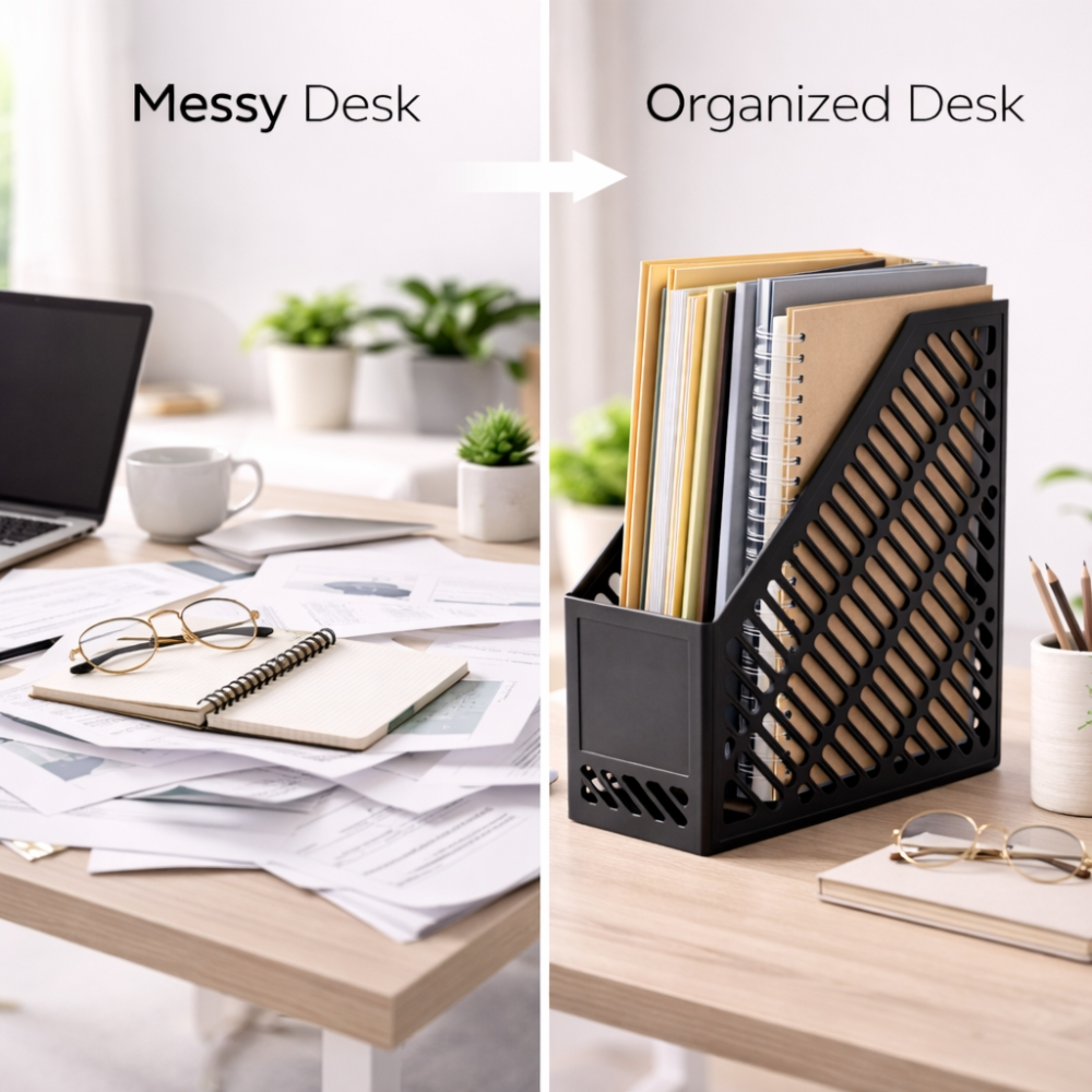 Plastic Magazine File Holder – Office Document Organizer Rack (29cm × 9cm × 25cm)