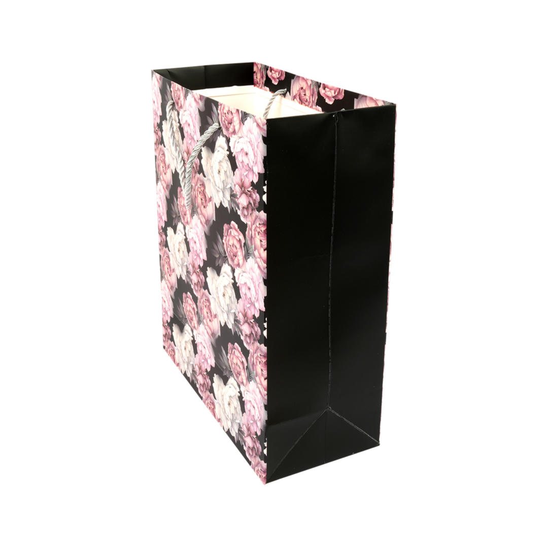 Elegant Floral Paper Gift Bag – Black, White & Pink (32Cm)