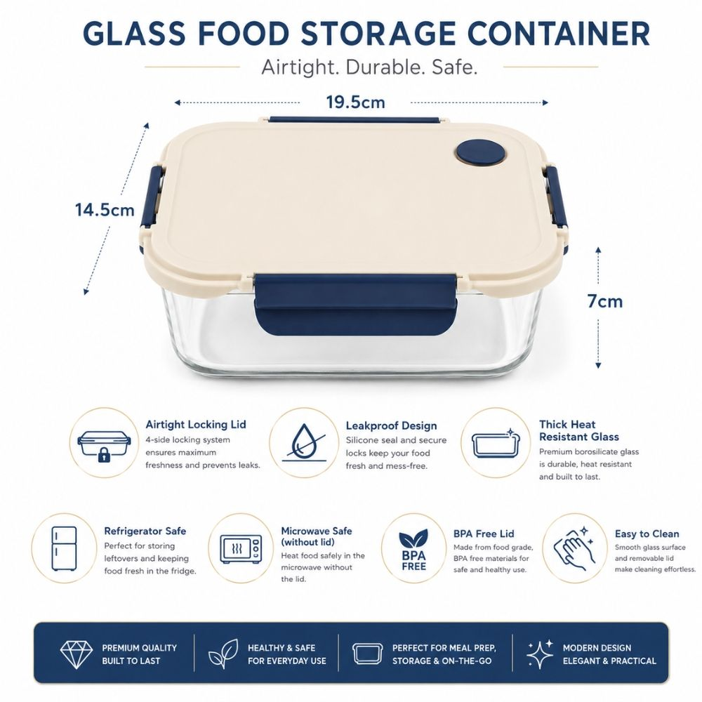 Utilitarian Airtight Glass Food Container With 4-Side Locking Lid – Leak-Proof – Transparent (14.5X19.5X7Cm)