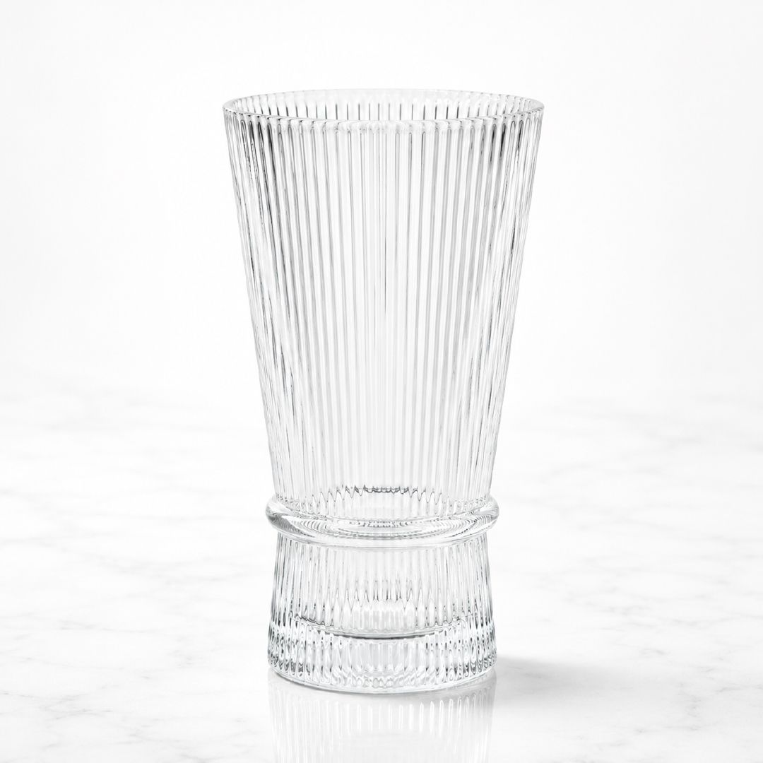 Elegant Ribbed Glass Vase With Flared Top Bow-Tie Cinch Design, Transparent 14.5 X 8 Cm