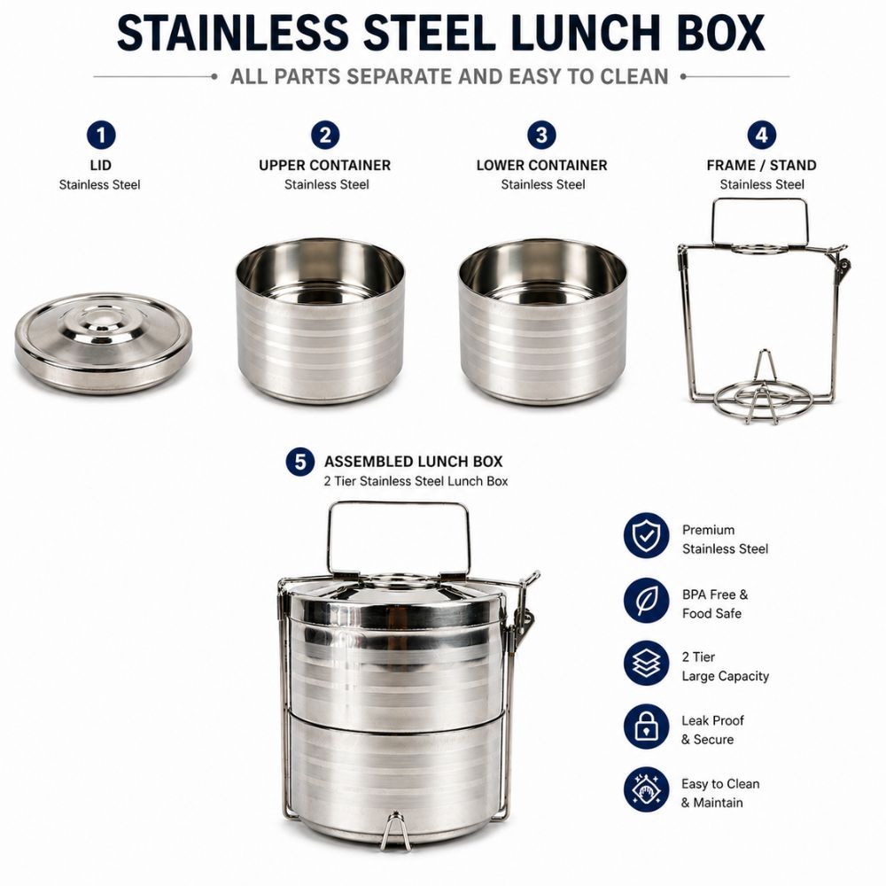 Premium Two Tier Stainless Steel Lunch Box Leak Proof Eco Friendly Portable Food Containe