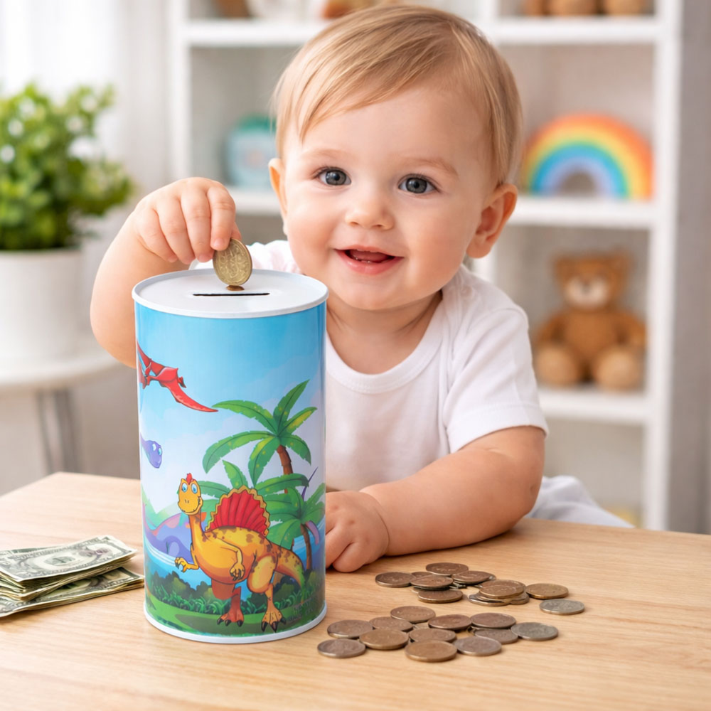 Dinosaur Themed Coin Bank - Cylindrical Money Box for Kids